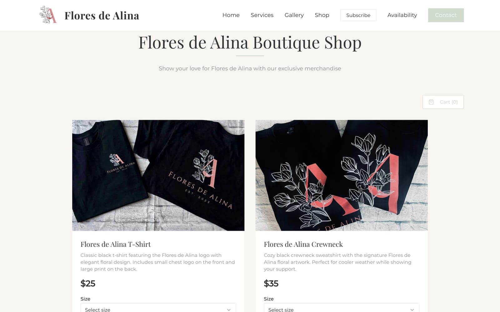 Boutique shop page with a “Cart (0)” control and two apparel products — a $25 t-shirt and a $35 crewneck, each with size and quantity selectors