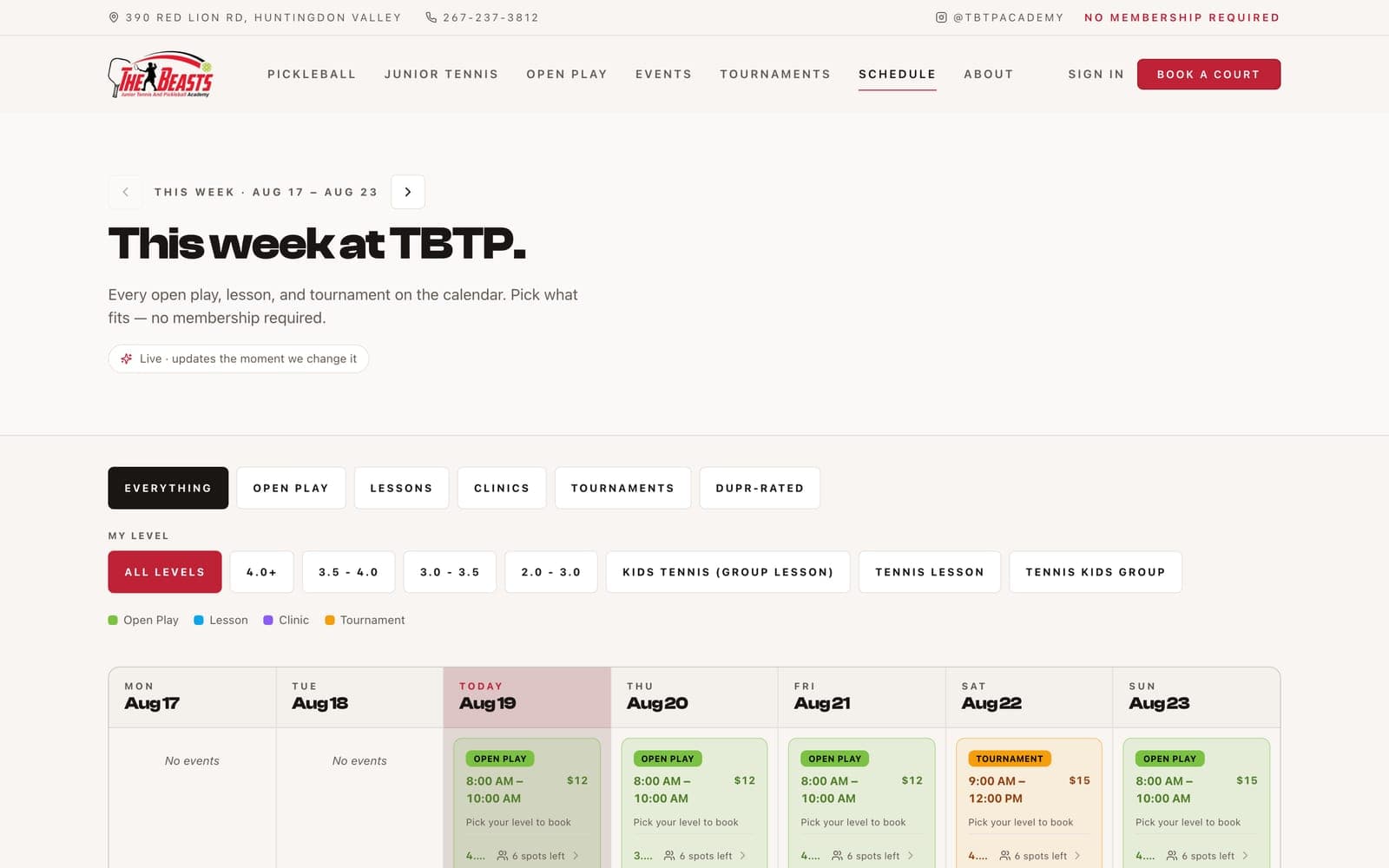 Schedule page titled “This week at TBTP” with filter chips for session type and skill level above a seven-day grid of open play, lesson, and tournament cards showing prices and spots left